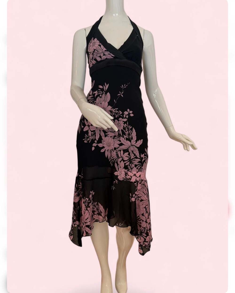 Vintage Y2K Charlotte Russe Pink Floral Halter Asymmetrical Midi Dress Small
